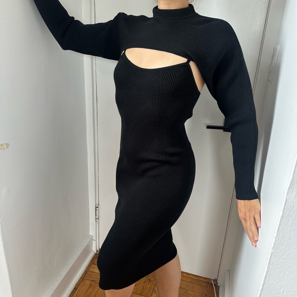 Banana Republic Black Long Sleeve Two Piece Bolero Cut-Out Ribbed Long Dress